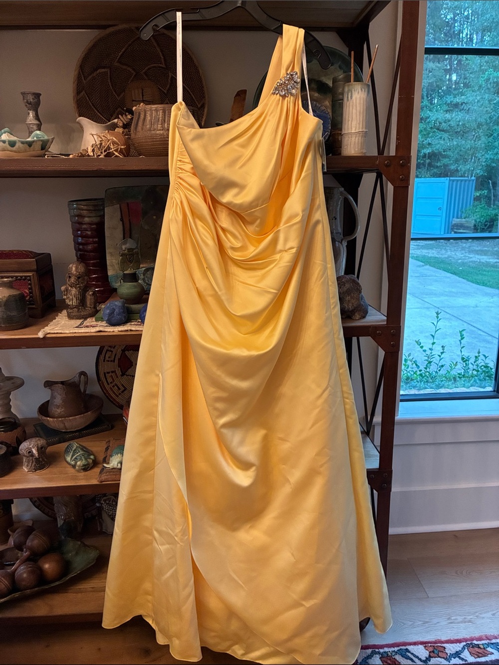 David’s Bridal One-Shoulder Yellow Satin Evening Gown with Draped Detail